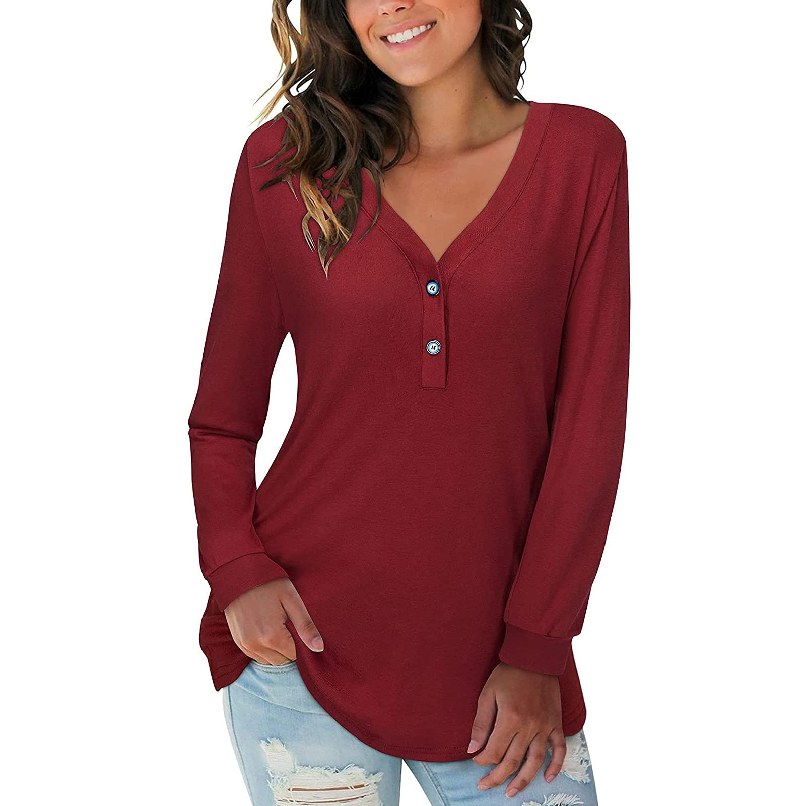 CHARMAP Women's Long Sleeve V-Neck Button Down Casual Blouse - Loose Fit Henley T-Shirt for Women | Perfect for Work, Date Night & Everyday Wear