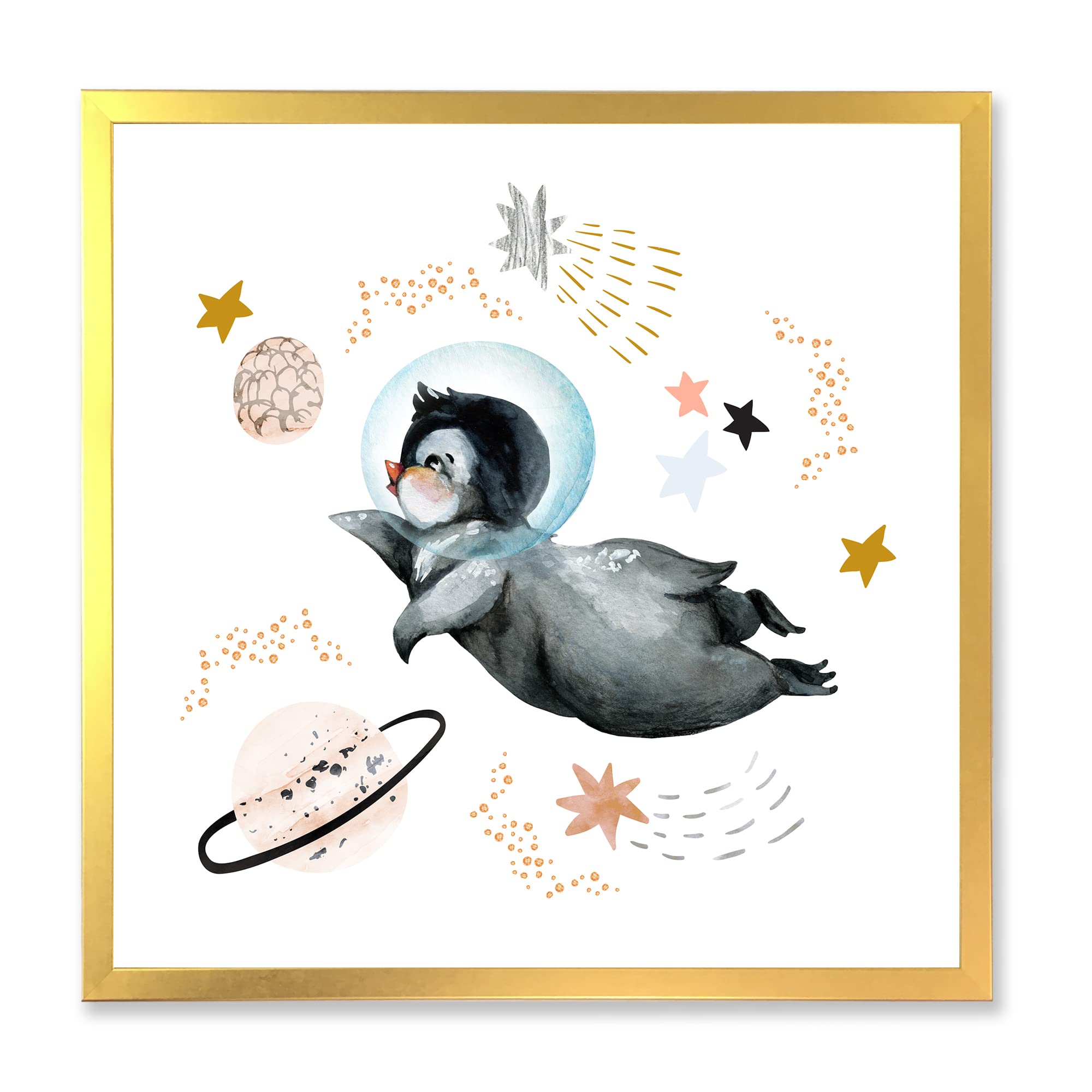 DesignQ Little Penguin Flying Stars and Planets II Farmhouse Framed Wall Art - Vintage Decor for Living Room, Bedroom & Nursery - Perfect Gift for Kids & Animal Lovers