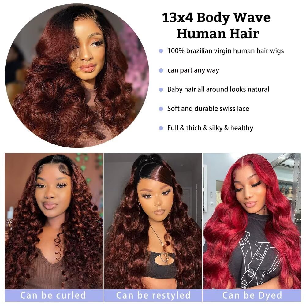 13x4 Ombre Reddish Brown Lace Front Wig Human Hair 1B/33 Body Wave - 18 Inch Brazilian Virgin Hair Wigs for Women | Natural Look for Daily Wear, Parties & Special Occasions