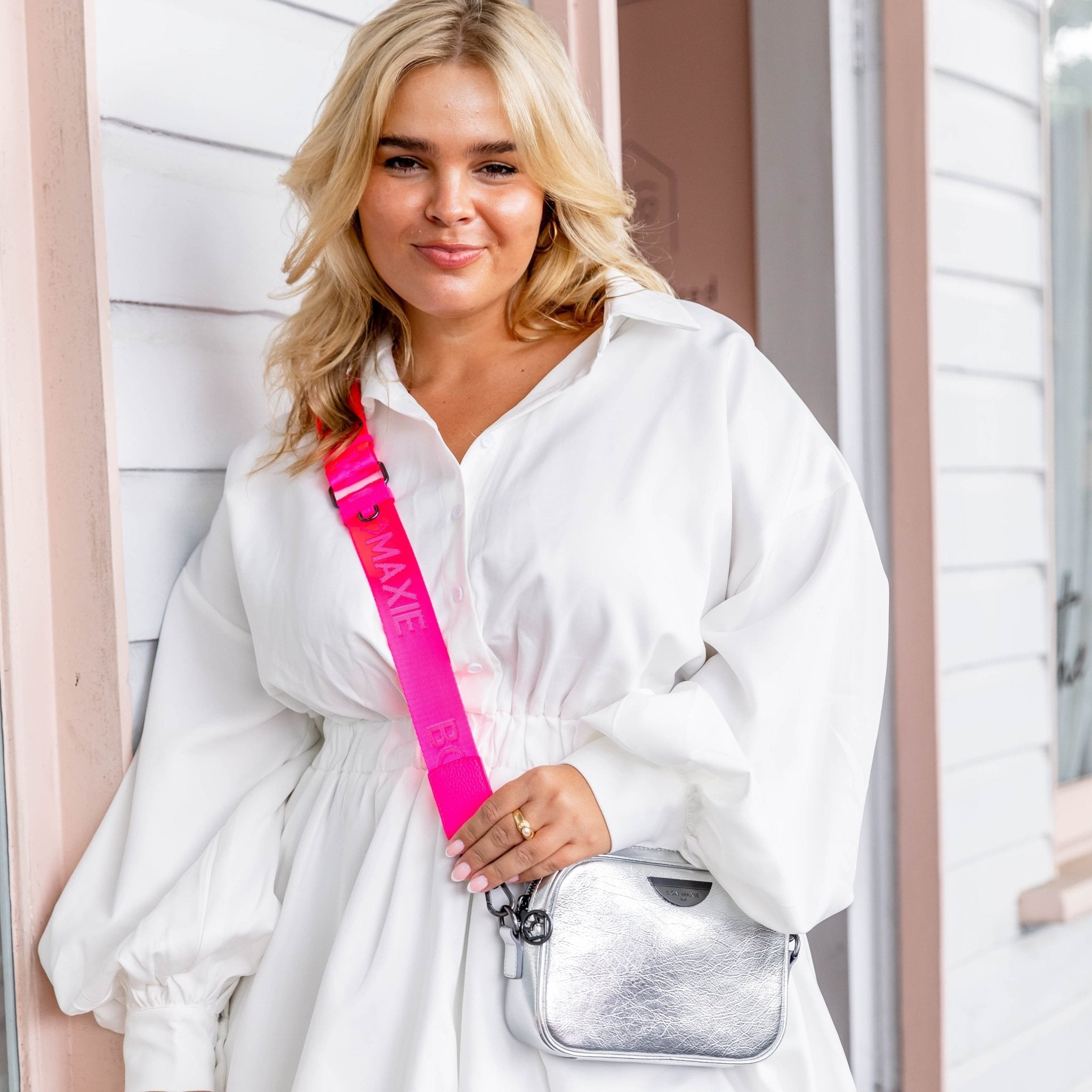 Custom Logo Leather Bag Strap - Neon Pink Adjustable Crossbody Strap for Women | Perfect for Handbags, Totes & Travel Accessories