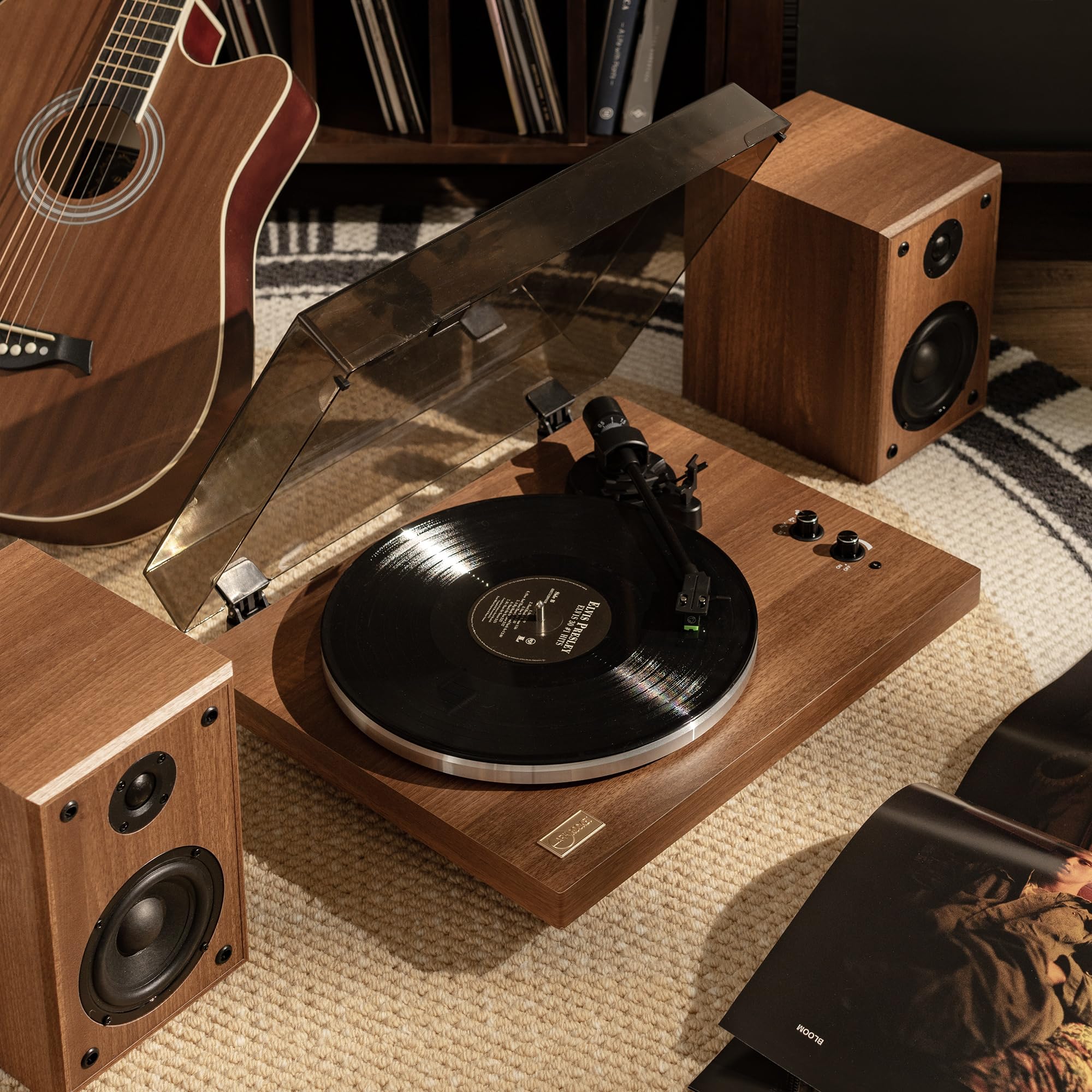 Arkrocket Cassini High Fidelity Bluetooth Record Player with Built-in Speakers - Belt Drive Vinyl Turntable with Moving Magnet Cartridge, Bluetooth 5.0, AUX Input/Output - Perfect for Home Entertainment & Vinyl Collection (Walnut Finish)