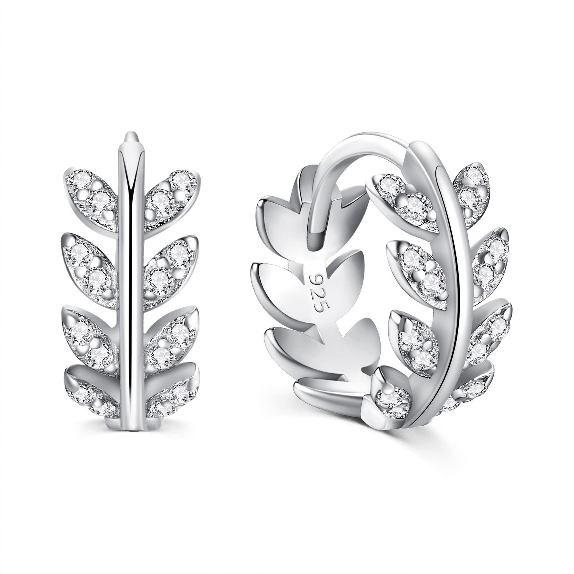 925 Sterling Silver Hoop Earrings for Women - Gold & Silver Leaf Cubic Zirconia Stud Earrings, Dainty Jewelry Gift for Birthday, Holiday, Anniversary | Perfect for Everyday Wear, Parties & Special Occasions
