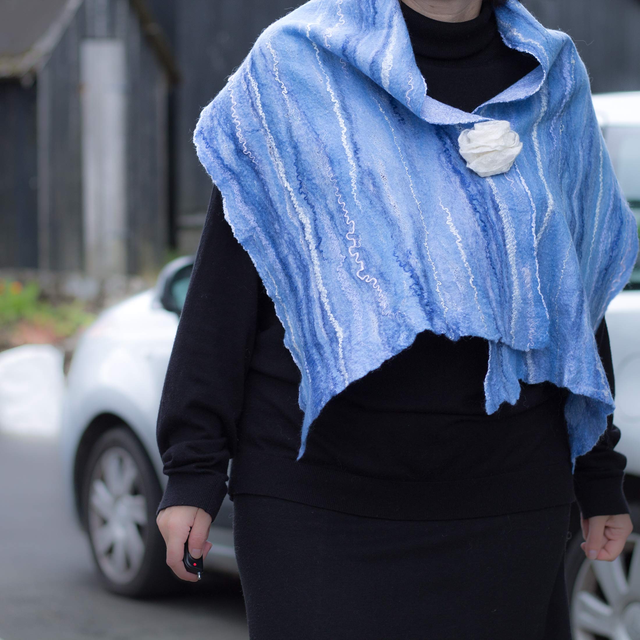 Blue Nuno Felt Scarf for Women - Warm Woolen Stole, Fashion Silk Scarf & Evening Shawl - Perfect for Autumn and Spring Wear | Office, Date Night, Travel Accessory