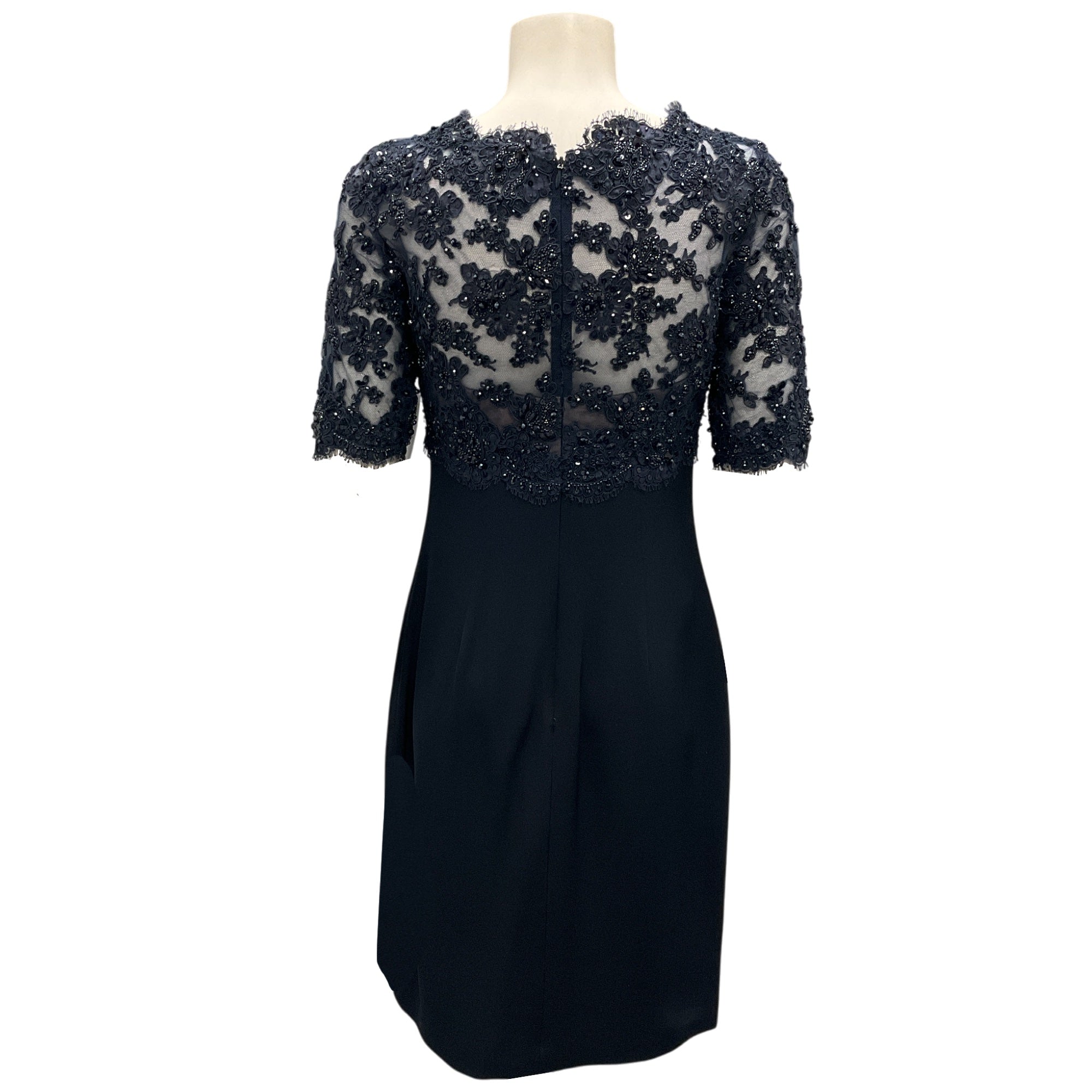 Reem Acra Navy Blue Sequin Beaded Tulle Lace Silk Cocktail Dress for Evening Parties, Weddings & Special Occasions