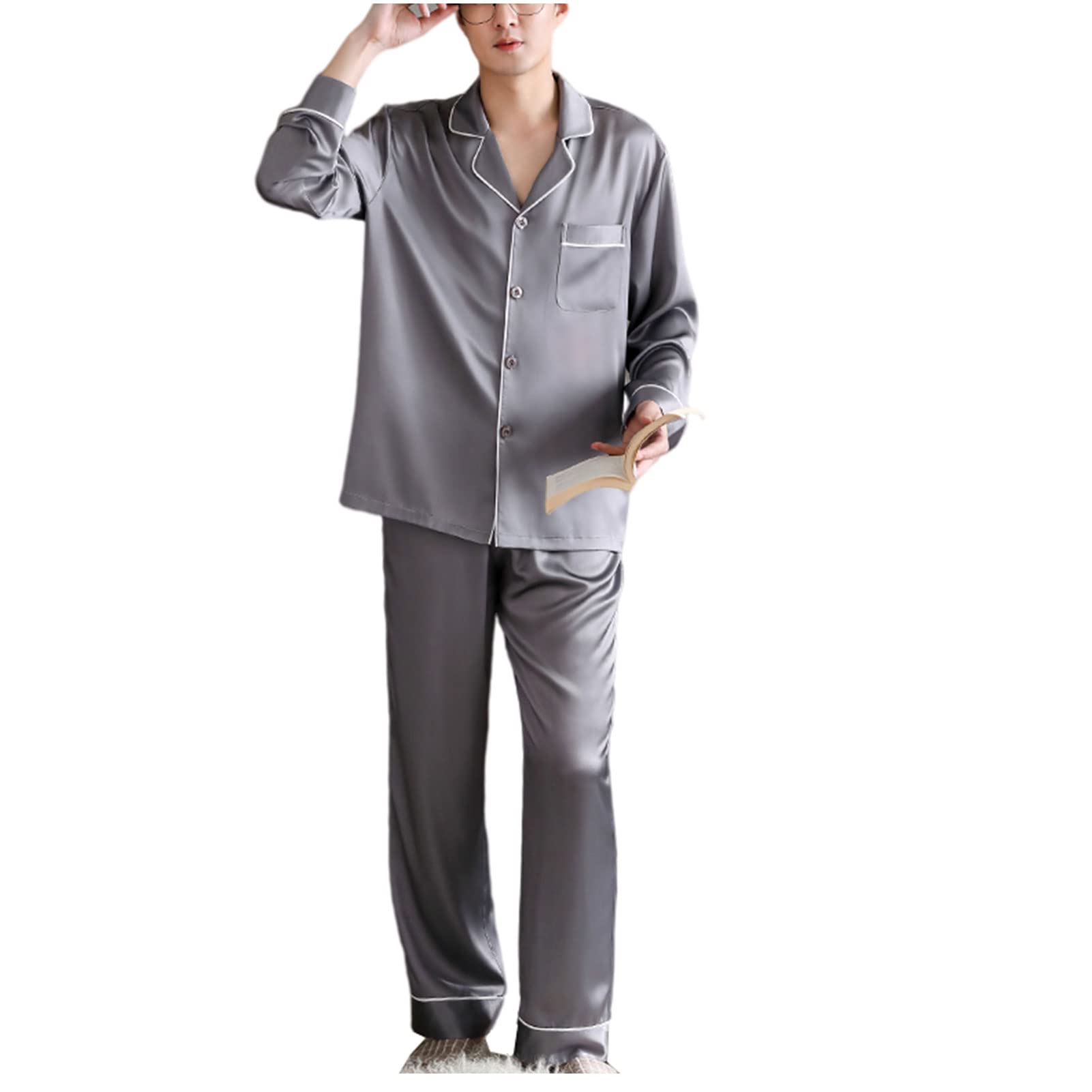 Premium Men's Silk Satin Pajama Set - Luxury Turn-Down Collar Sleepwear with Long Sleeves (2-Piece) for Comfortable Nightwear & Lounge Wear at Home