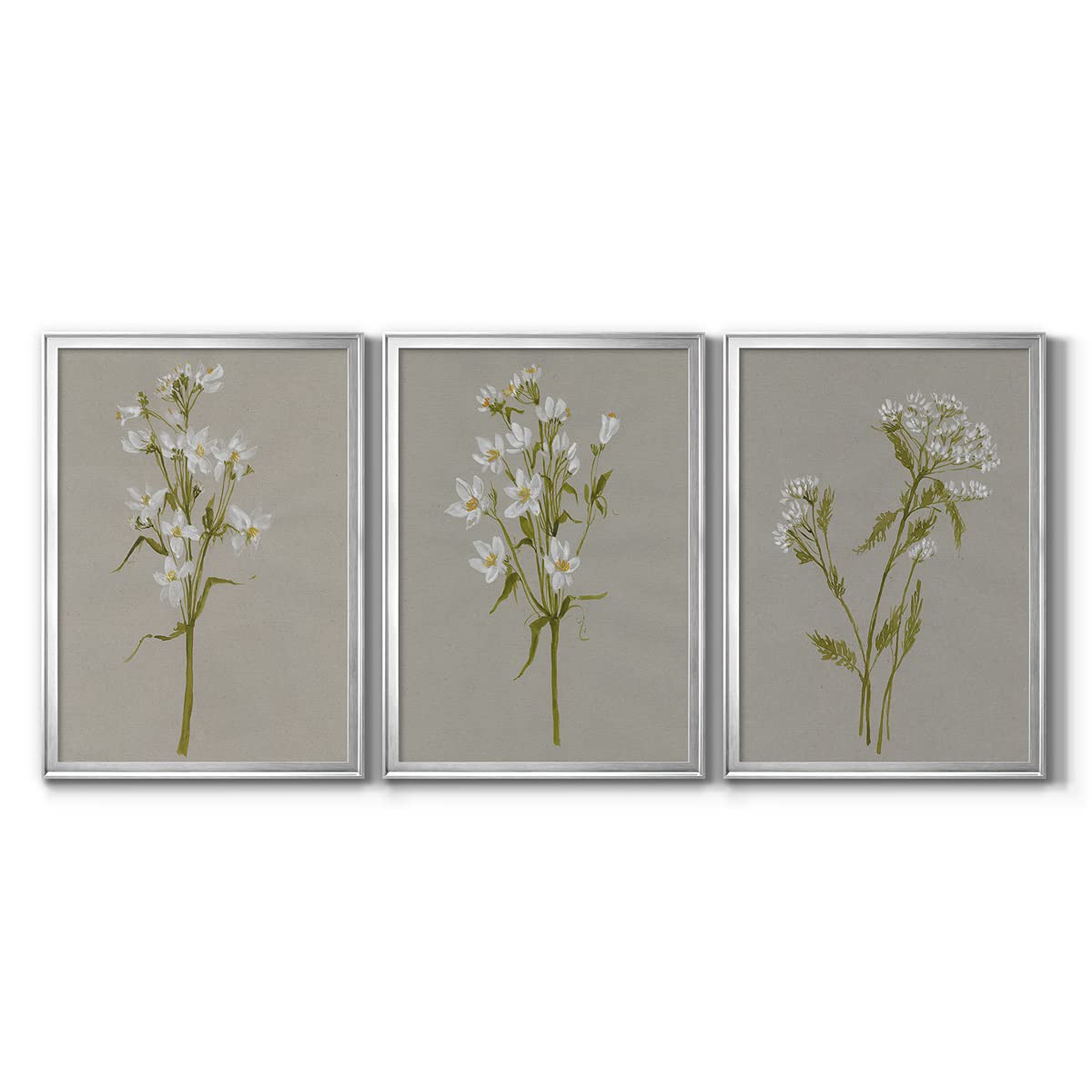 Silver Framed Canvas Wall Art Set - 3 Panels White Field Flowers Scandinavian & Latin Home Décor (22x30 Inches) for Living Room, Bedroom & Office