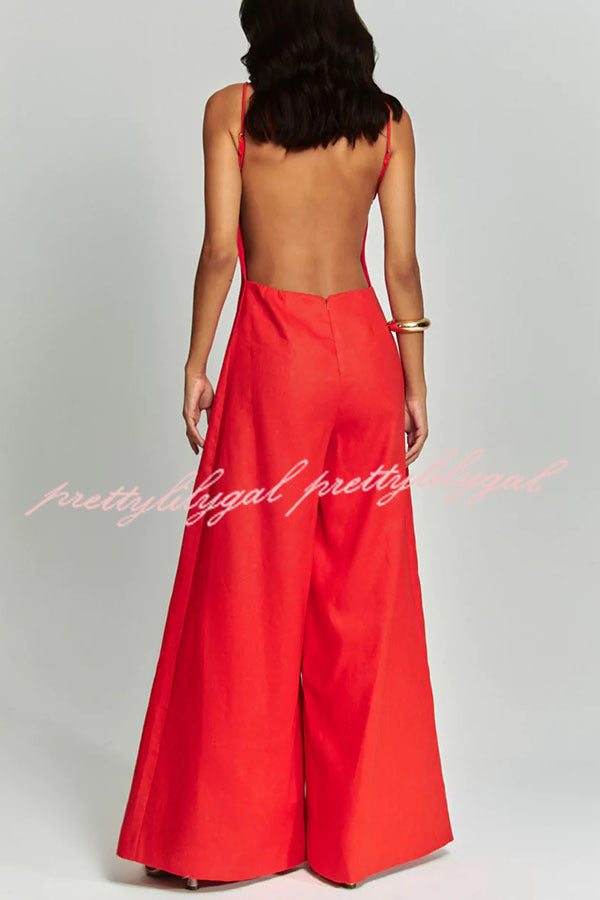 Kelso Linen Blend Square Neck Pocketed Backless Wide Leg Jumpsuit for Women | Summer Beach Vacation Outfit | Boho Chic Fashion | Casual Wear & Party Dress