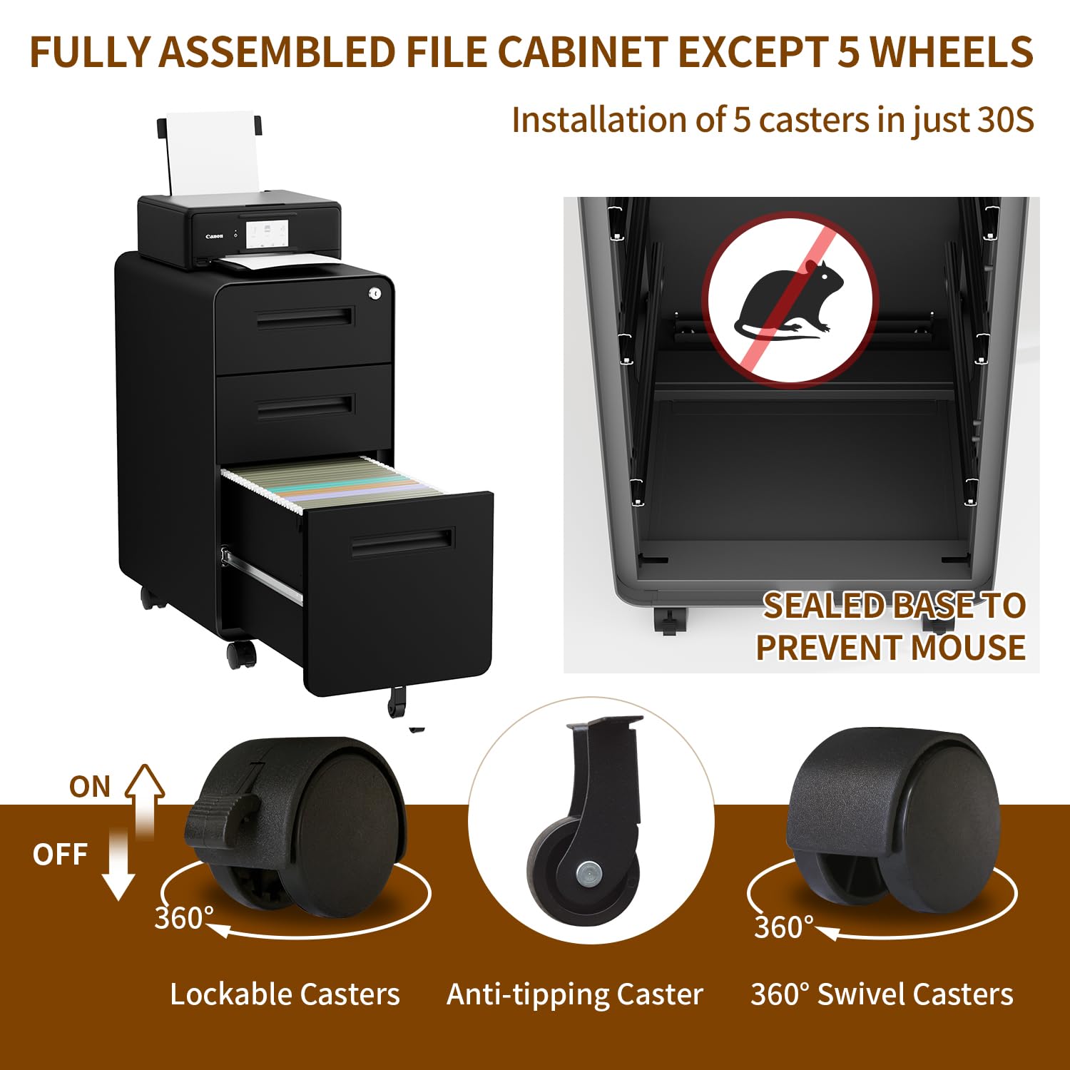3 Drawer File Cabinet with Lock & 4 Keys - Mobile Metal Filing Cabinet for Home Office - Under Desk Storage - Pre-Assembled - Letter/Legal/A4 Hanging Folders - Perfect for Organizing Documents in Small Spaces & Office Use