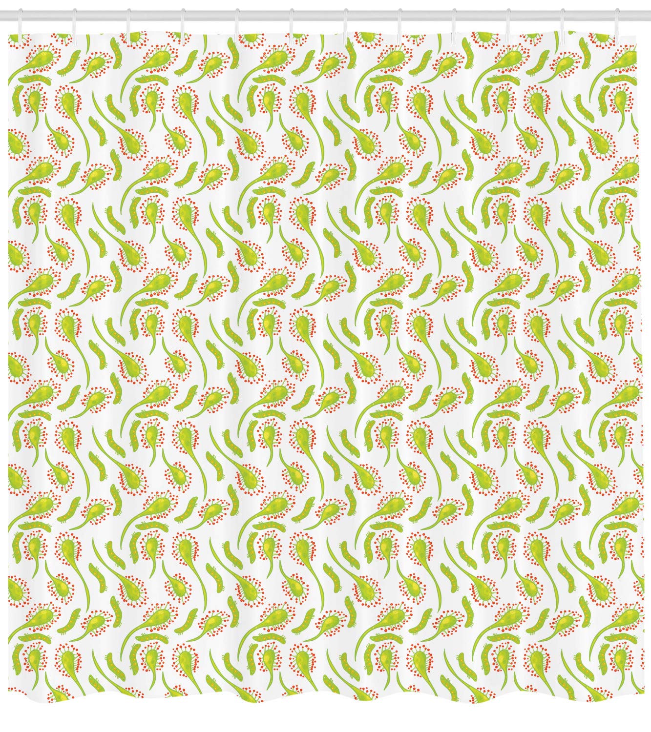 Ambesonne Foliage Shower Curtain - Carnivorous Sundew Plant & Larva Doodle Design, 69x70 Inch Waterproof Fabric Bathroom Decor with Hooks, Apple Green Vermilion - Perfect for Jungle Theme Bathrooms & Nature-Inspired Home Decor