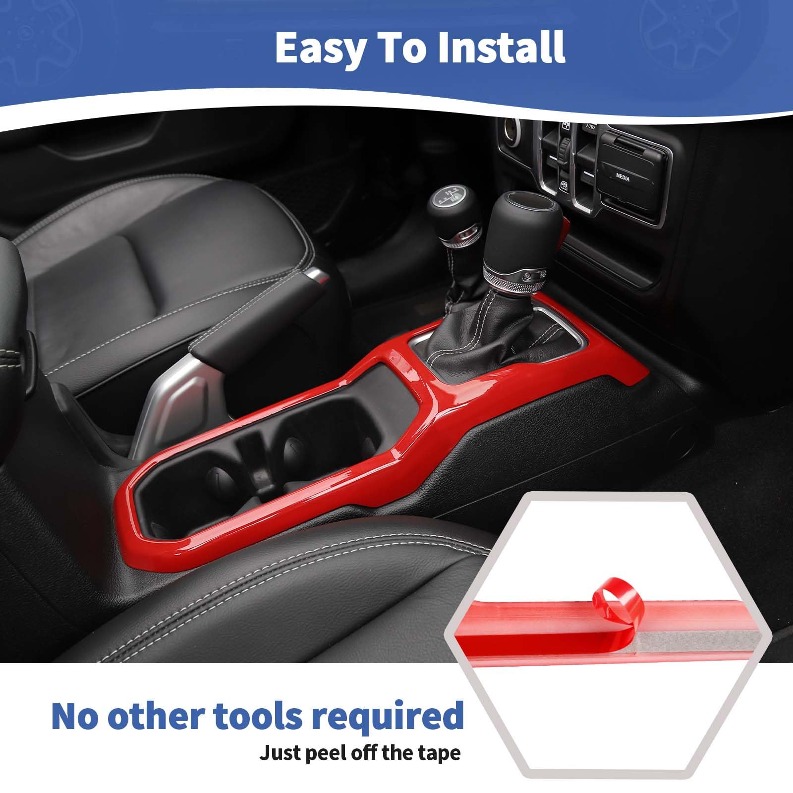 Red RT-TCZ Dash Trim Cover & Gear Shift Panel Trim Frame for Jeep Wrangler JL/JLU/Gladiator JT (2018-2023) - 3pc Interior Accessories - Upgrade Your Ride's Style & Protection