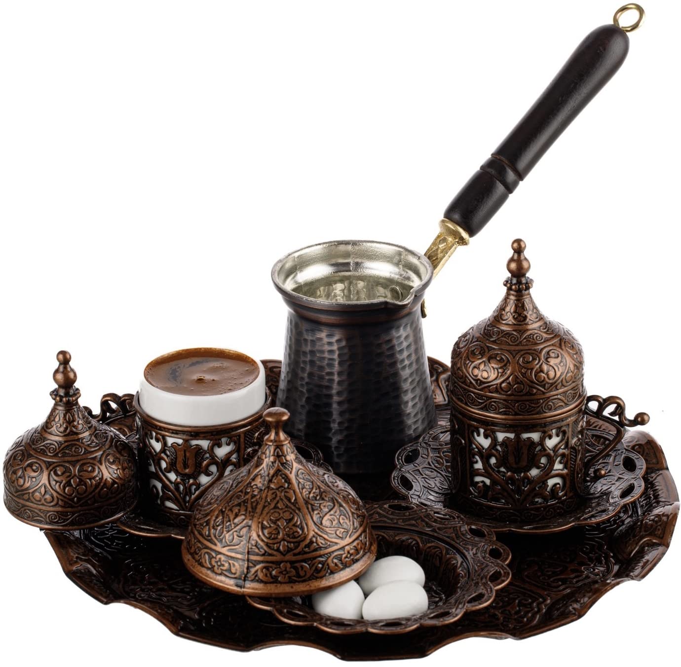 DEMMEX Turkish Greek Arabic Coffee Set - 12-Piece Antique Copper Coffee Pot with Cups, Saucers, Lids, Sugar Bowl & Tray (Chocolate Brown) - Traditional Middle Eastern Coffee Maker for Home, Office & Gift Giving