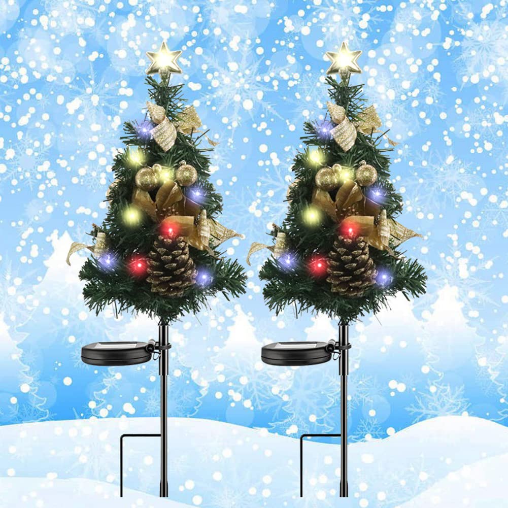 GARVEE 2 Pack Solar Christmas Tree Lights Outdoor Waterproof IP65 - Solar Powered Garden Stake Lights for Pathway, Lawn, Patio Decor - Perfect for Holiday Yard Decoration & Christmas Party Lighting