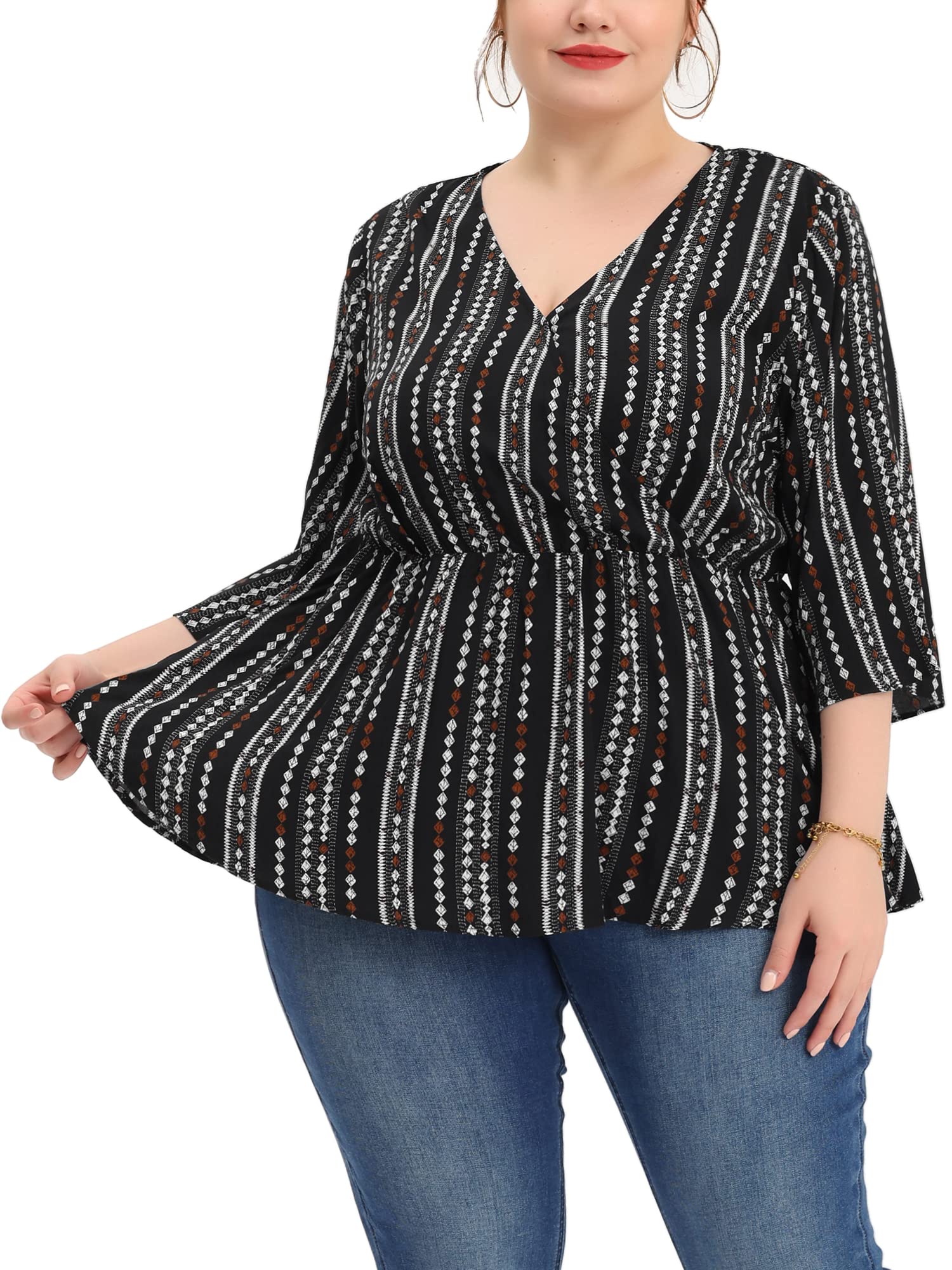 Agnes Orinda Plus Size Boho V-Neck Striped Peplum Blouse for Women - Stylish Work Tops & Casual Wear 2024 | Perfect for Office, Date Night & Weekend Outfits