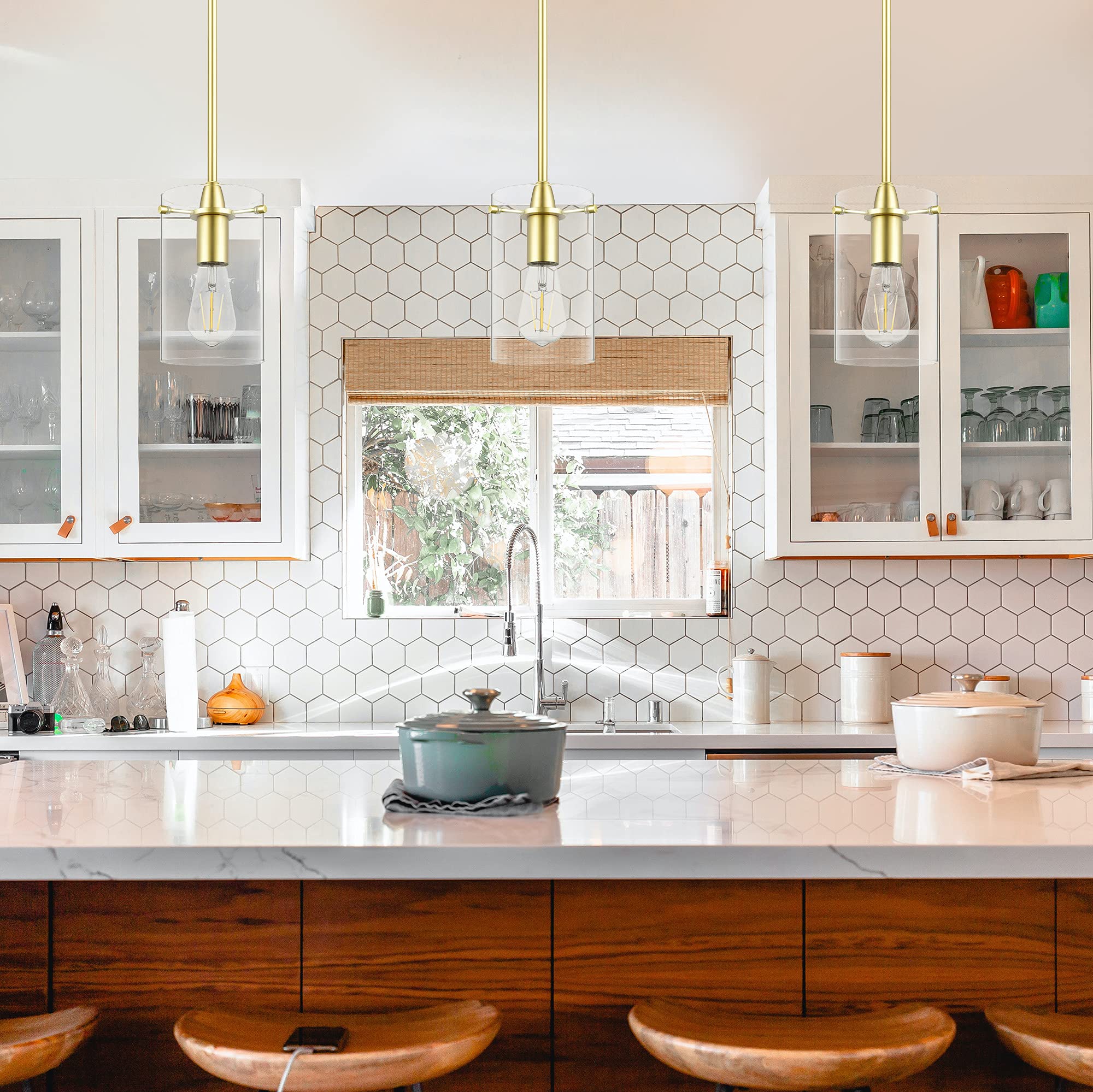 Brass Satin Pendant Light for Kitchen Island - Clear Glass Medium Hanging Fixture | Perfect for Dining Room, Bar, and Home Decor