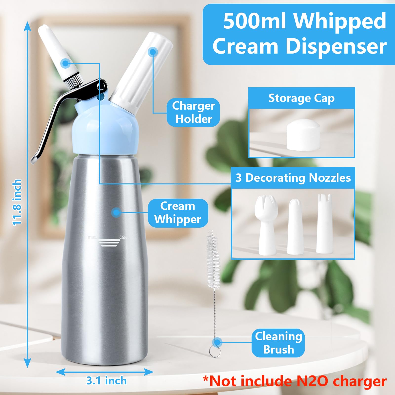 Professional Whipped Cream Dispenser Charger - 1 Pint (500ml) Aluminum Cream Maker with 3 Decorating Tips & Cleaning Brush - Perfect for Desserts, Coffee Toppings & Party Decorations