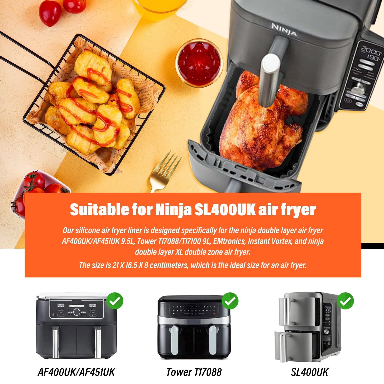 Lifemaison 2-Pack Silicone Air Fryer Liners for Ninja Double Stack SL400EU 9.5L - Non-Stick Baking Mats for Ninja, Cecotec, CHEFREE, Innsky 8-9L Dual Zone Air Fryers - Perfect for Roasting, Baking & Reheating