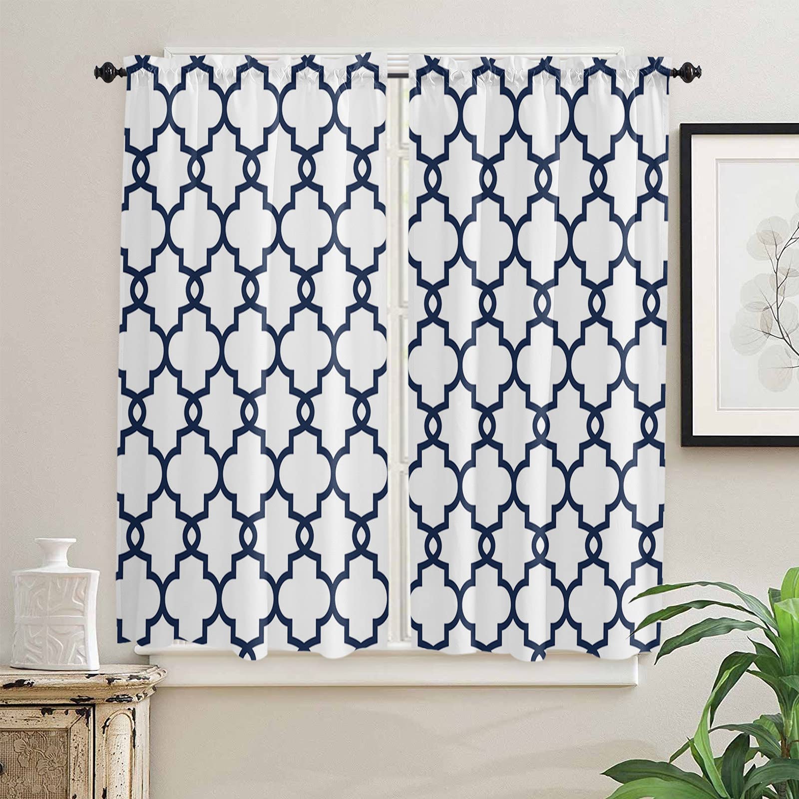 63 Inch Geometric Morocco Quatrefoil Kitchen Curtains - 2 Panel Rod Pocket Window Drapes for Cafe Style & Home Decor - Perfect for Kitchen Windows, Dining Rooms & Cozy Spaces