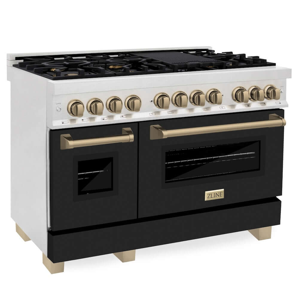 ZLINE Autograph Edition 48-inch 6.0 cu. ft. Dual Fuel Range with 7-Burner Gas Cooktop & 2 Electric Ovens - Satin Stainless Steel, Black Matte Doors & Champagne Bronze Accents (RASZ BLM 48 CB) | Professional Kitchen Appliance for Home Chefs & Cooking Enthusiasts