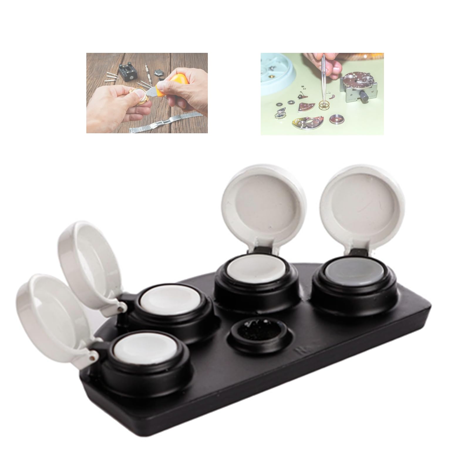 Professional Watch Oil Dip Tool Kit - 4 Metal Watch Oiler Dishes with Stand for Watch Repair & Maintenance | Precision Oil Storage Cups (3.3 x 2.2 x 0.6 inch) | Ideal for Watchmakers, Jewelers & DIY Watch Repair Enthusiasts