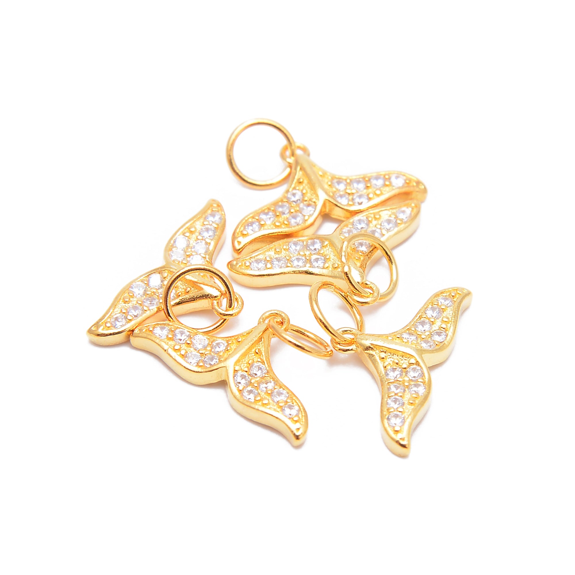 14K Gold Plated Sterling Silver Fishtail Pendant Charm with Cubic Zirconia - 8x14mm (3 PCS) for Jewelry Making, DIY Crafts & Gift Giving