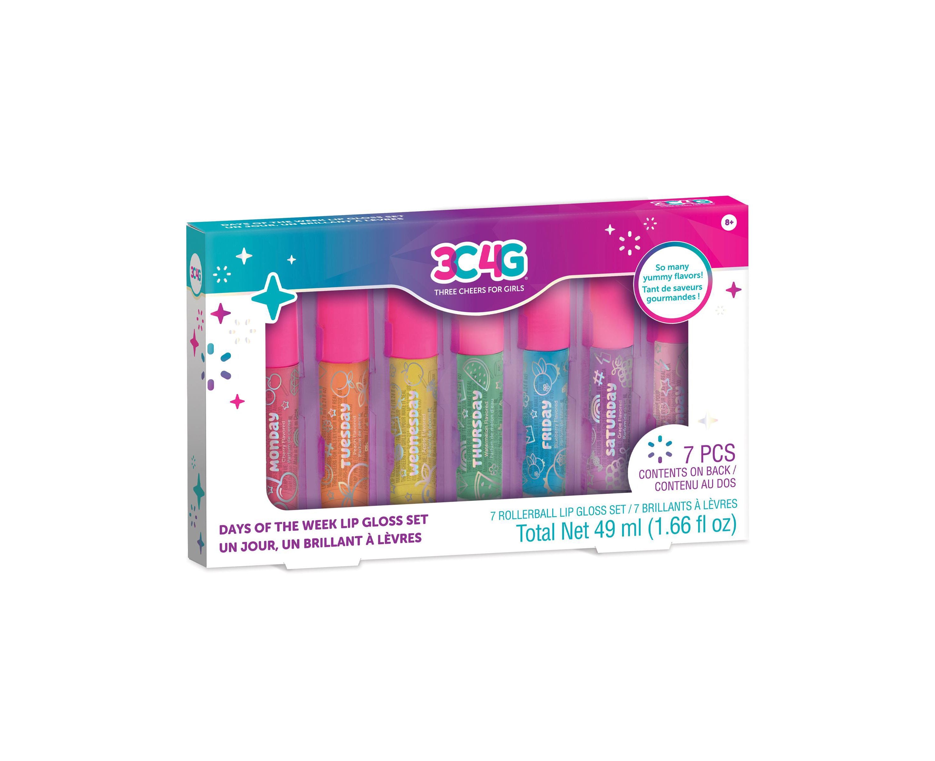 3C4G Flavorful Days of the Week Lip Gloss Set - 7 Scented Roller Ball Tubes for Moisturizing & Shine | Perfect for Daily Use, Gifts, and Makeup Collection