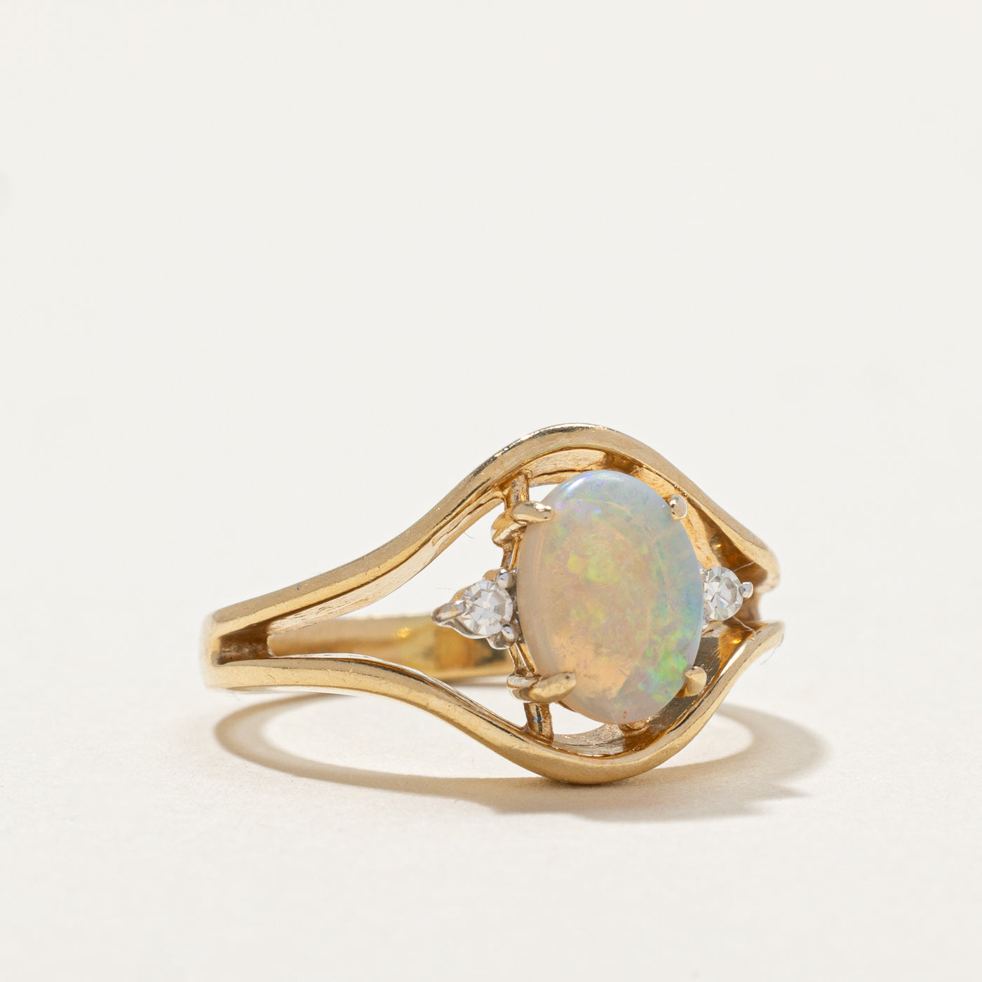 Opal & Diamond Open Shank Tapered Ring - 0.75ct Opal & 0.04ctw Diamond - Size 5 - Elegant Wedding Band, Anniversary Gift for Her, Perfect for Special Occasions & Everyday Wear