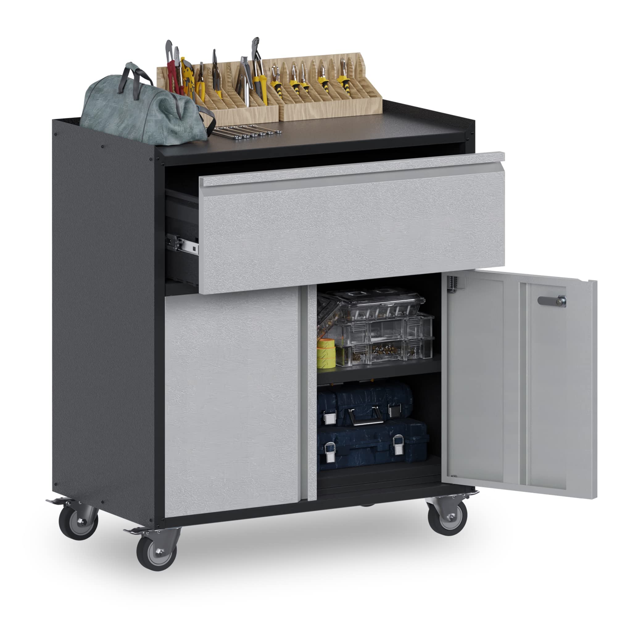 Metal Garage Storage Cabinet with Wheels & Doors - Rolling Tool Cabinet with Adjustable Shelves & 1 Drawer, Easy Assembly, Black & Gray - Perfect for Workshop, Garage, and Home Organization