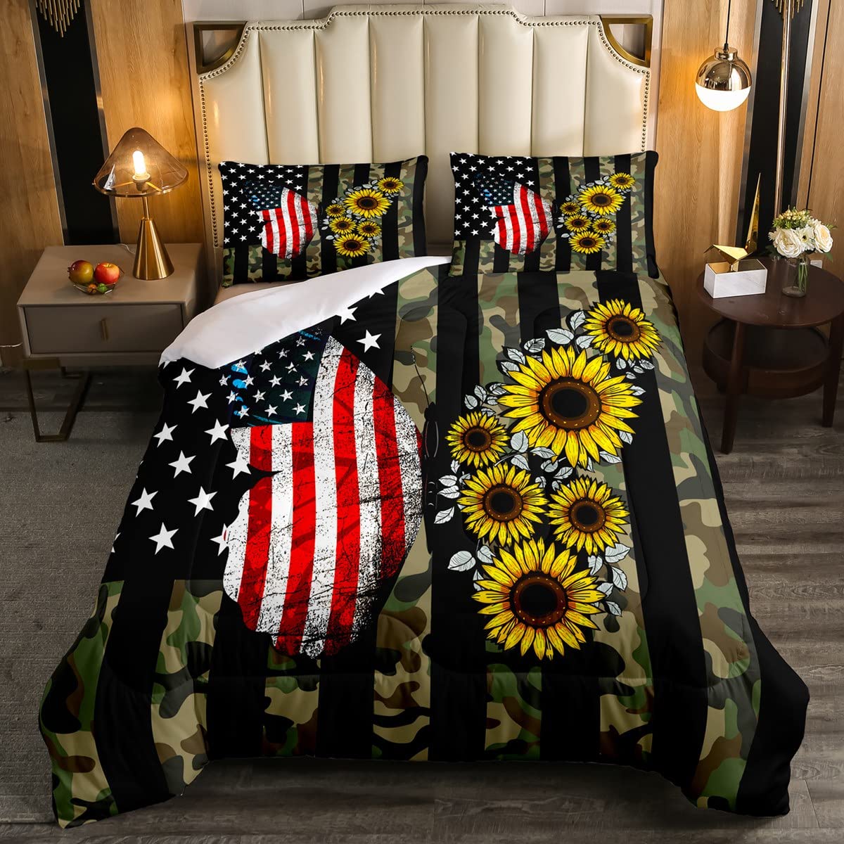 Camouflage American Flag Comforter Set - Green Camo USA Flag Bedding, Colorful Butterfly Sunflower Design for Kids Boys Girls, Military Army Style All-Season Down Comforter, Twin Size for Bedroom & Dorm Room Decor