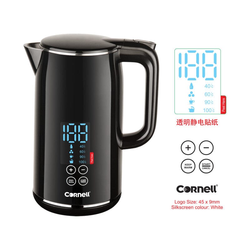 Cornell 1.7L Smart Electric Kettle with Digital Display - Cool Touch Exterior & Stainless Steel Interior - Fast Boiling for Coffee, Tea & Cooking - CJKE170DS