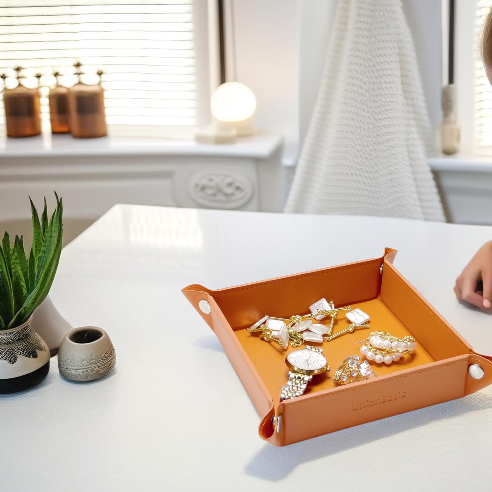 UnionBasic Small Valet Tray - Jewelry Organizer for Rings, Watches & Earrings | Entryway Catchall for Keys, Coins & Change | Nightstand Bedside Organizer | Electronic Gadgets Tray | Orange - Perfect for Home, Office & Travel Accessories Storage
