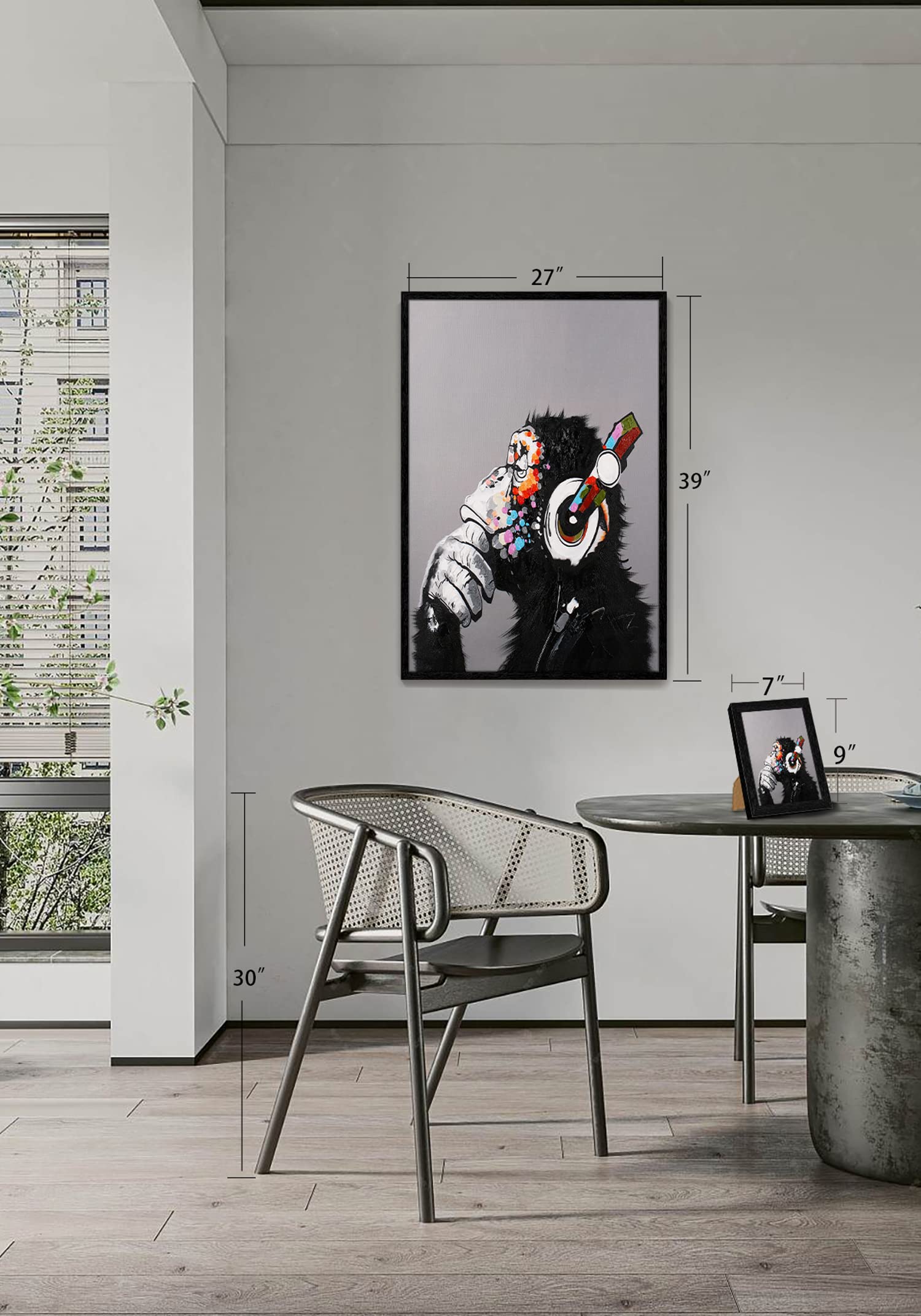 Modern Pop Art Framed Canvas Print - Thinking Monkey With Headphones Wall Decor for Living Room, Bedroom & Office - 7x9 Inches Gallery Wrapped Artwork - Perfect Gift for Music Lovers & Art Enthusiasts