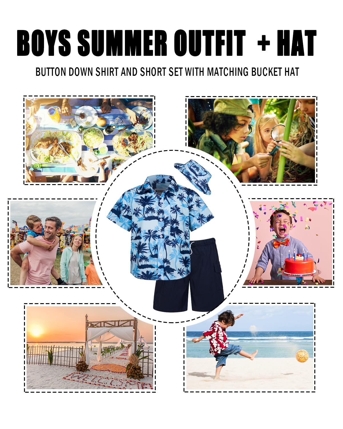 **Boys' Hawaiian Shirt and Shorts Set - 2-Piece Summer Outfit with Bucket Hat for Kids | Beach Vacation, Luau Party & Tropical Style**