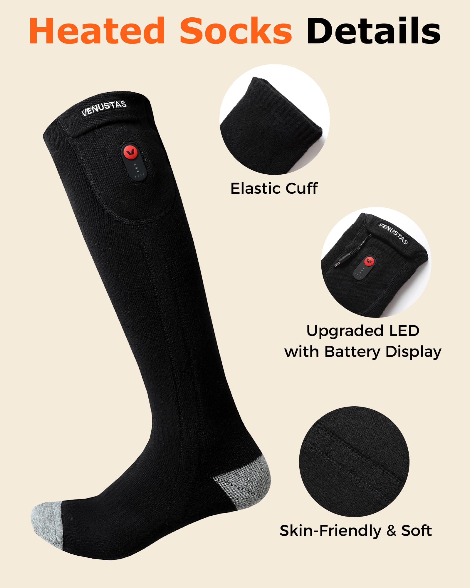 Venustas Rechargeable Electric Heated Socks for Men & Women - Battery-Powered Winter Thermal Socks for Hunting, Skiing & Outdoor Activities - Warm Cold Feet in Extreme Weather