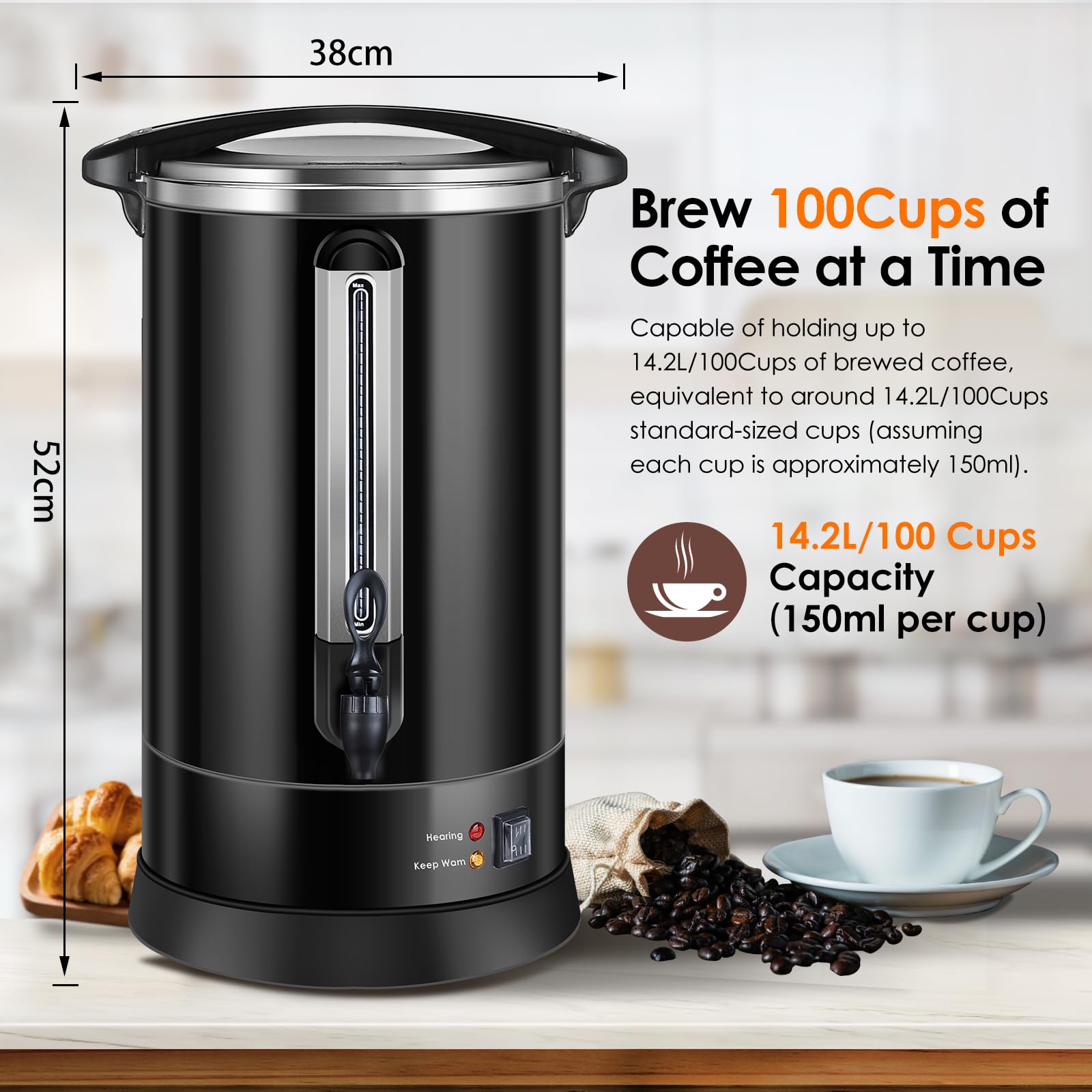 Commercial Stainless Steel Coffee Urn - 100 Cup (14.2L) Large Electric Coffee Dispenser with Double Wall Insulation for Quick Brewing | Perfect for Catering, Restaurants, Offices & Events | Hot Water Dispenser (Black)