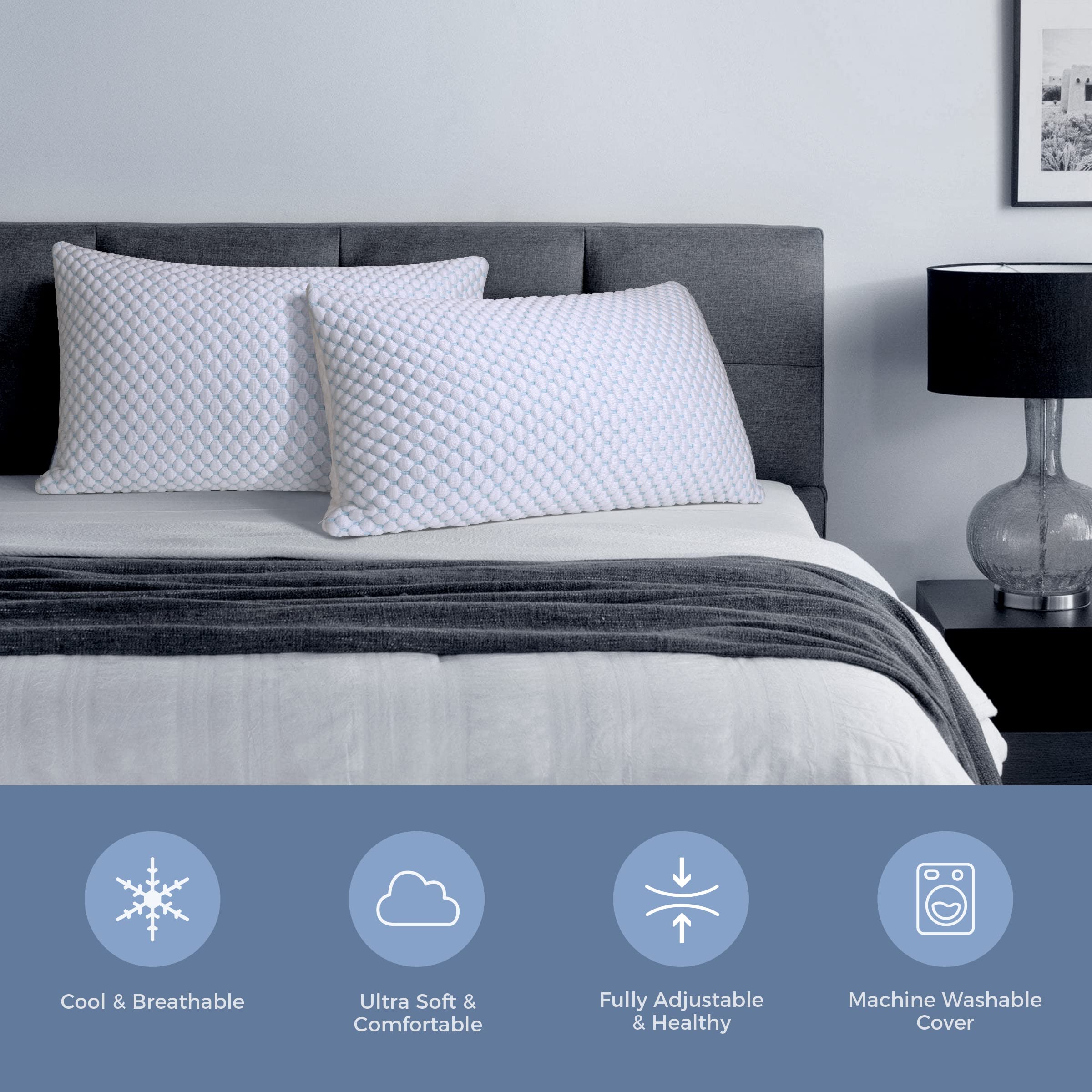OSBED Shredded Memory Foam Pillow King Size Set of 2 - Cooling Adjustable Loft Pillows for Side, Back & Stomach Sleepers - Firm or Soft Support for Hot Sleepers (20x36 Inches) - Perfect for Bedroom, Guest Room & Travel Use