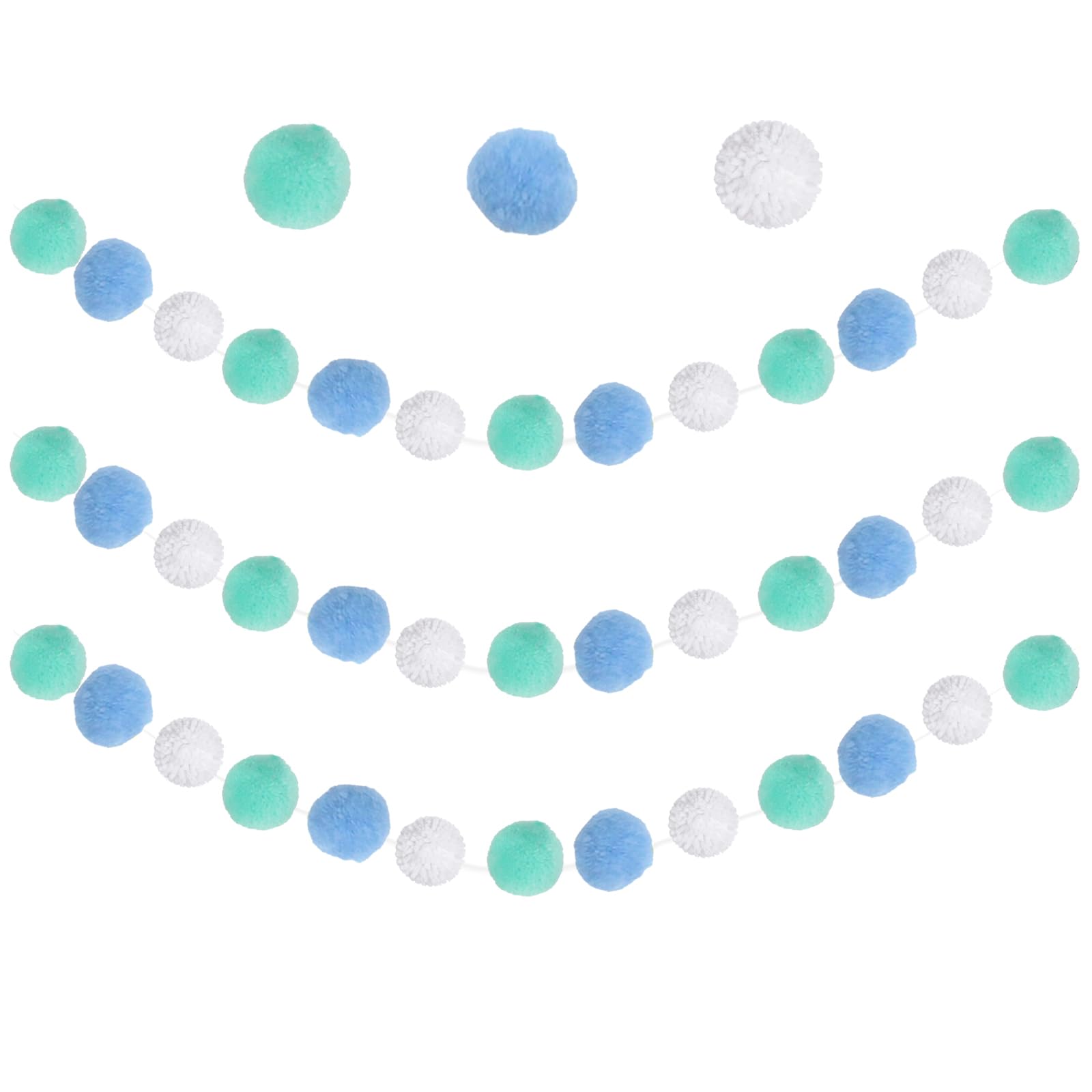 Zwiebeco Aqua Blue White Pom Pom Garland - 12ft Party Decor for Birthday, Wedding, Baby Shower, Nursery, Classroom & Home - Perfect for Wall Hanging, Fireplace, Tree & Room Decoration