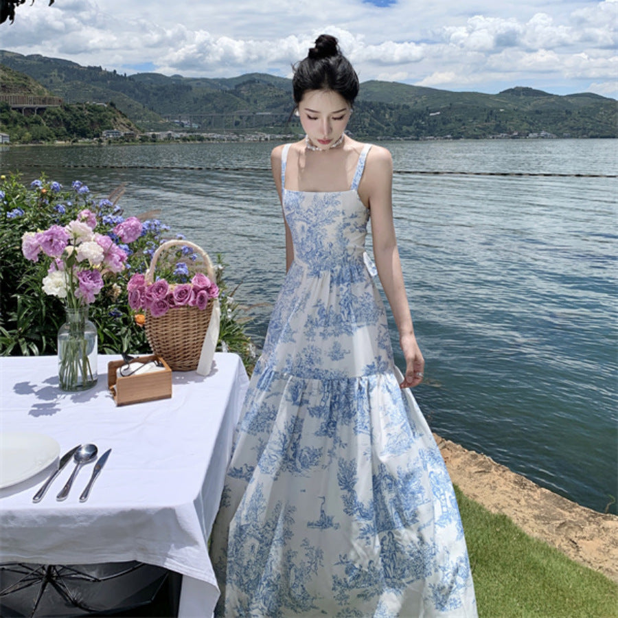 Elegant French Style Backless Blue Floral Maxi Dress with Bow - Vintage 1928 Inspired Evening Gown for Weddings, Parties & Special Occasions
