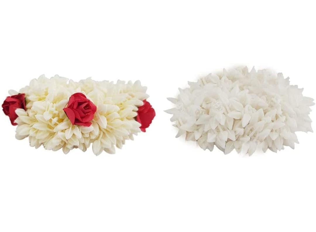 2-Piece Rose Mogra Scented Hair Rubber Bands - Gajra Hair Accessories for Women & Girls (White, Free Size) - Perfect for Weddings, Parties & Traditional Hairstyles