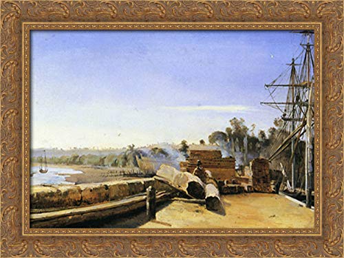 Shipyard In Honfleur 24x18 Gold Ornate Wood Framed Canvas Art Print by Jean Baptiste Camille Corot - Classic French Landscape Painting for Living Room, Office & Gallery Wall Decor