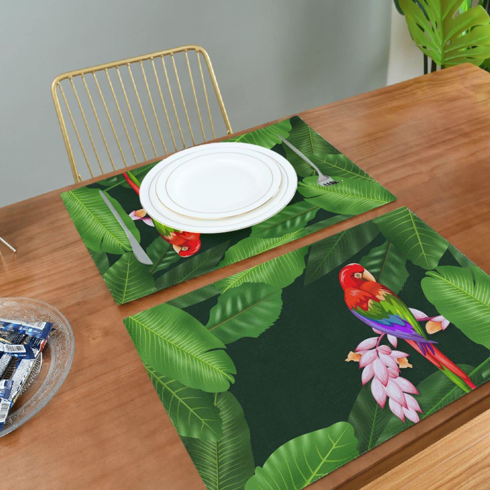 Tropical Palm Leaf Parrot Placemats Set of 4 - Washable & Heat Resistant 12x18 Inch Kitchen Table Mats for Dining Decor | Perfect for Summer Parties, Outdoor Picnics & Boho Home Decor
