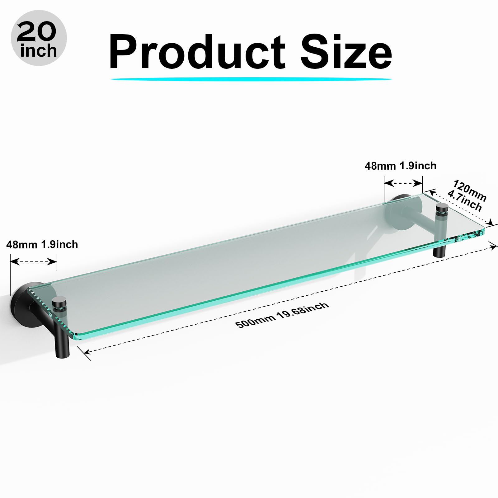 20-Inch Black Tempered Glass Floating Shelf for Bathroom - Stainless Steel Wall Mounted Modern Shelf for Shower Accessories & Organizers - Perfect for Towels, Toiletries, and Decor