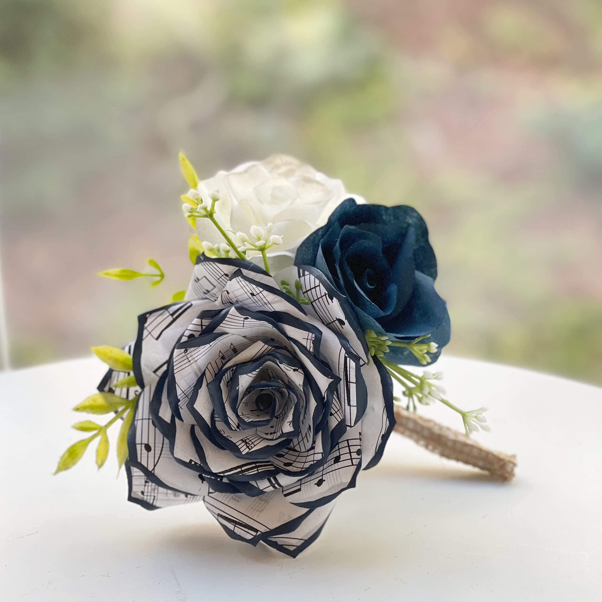 Customizable Music Note Paper Rose Boutonniere - Navy Blue & More Colors - Perfect for Weddings, Prom & Formal Events