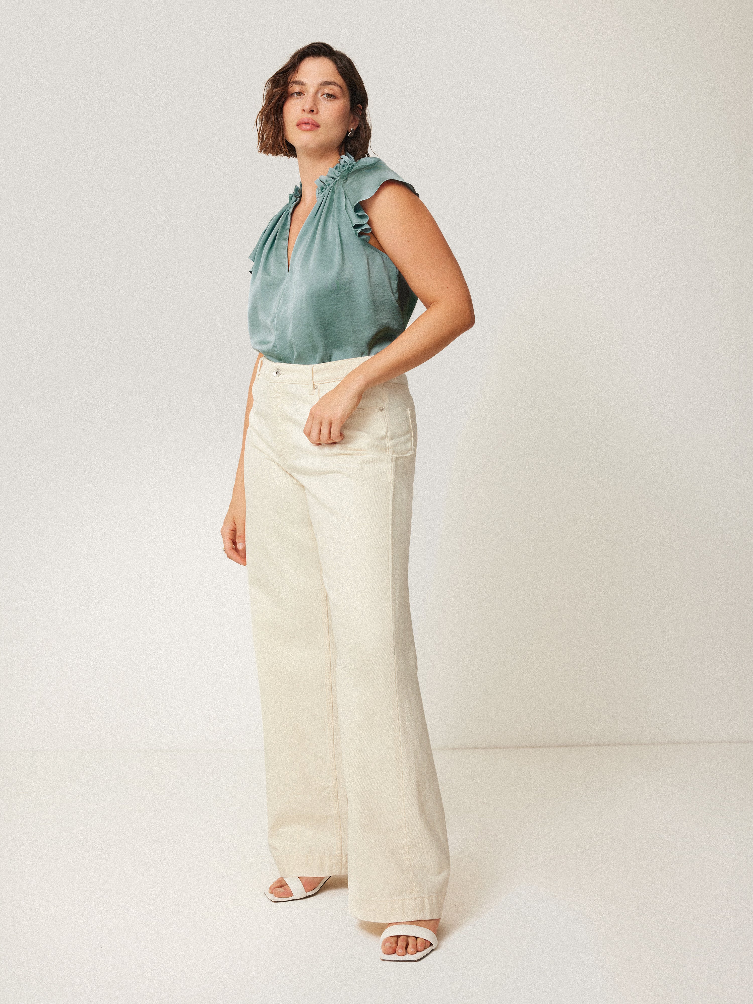 Eco-Friendly Recycled Satin Frill Neck Blouse in Green | Women's Fashion Top for Casual Wear, Office & Date Night