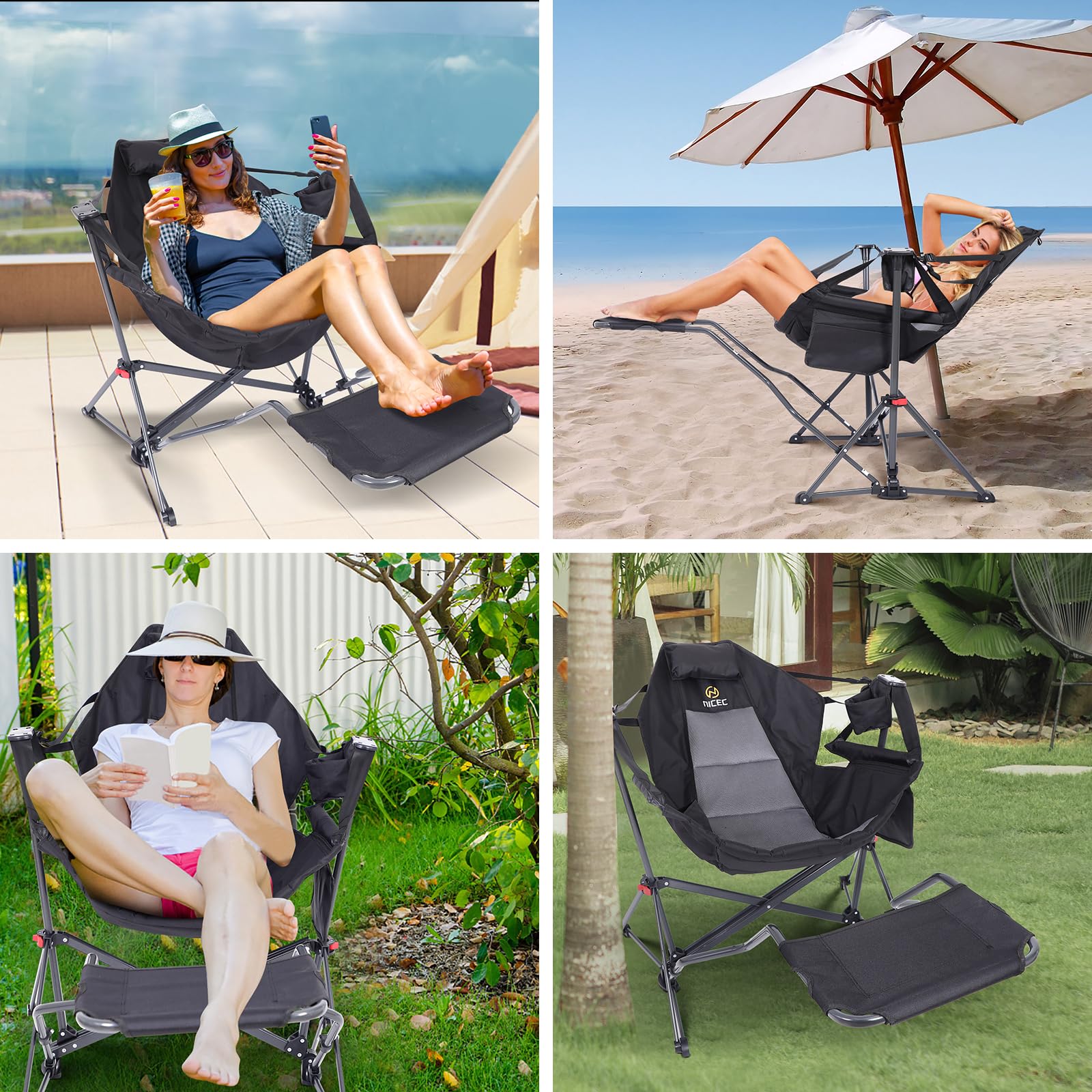 Premium Hammock Camping Chair with Stand - Heavy Duty Rocking Swivel Chair with High Back Support, Cup Holder & Side Pockets - Portable Outdoor Lounge Chair for Backyard, Beach, Camping & Patio Relaxation (Black with Footrest)