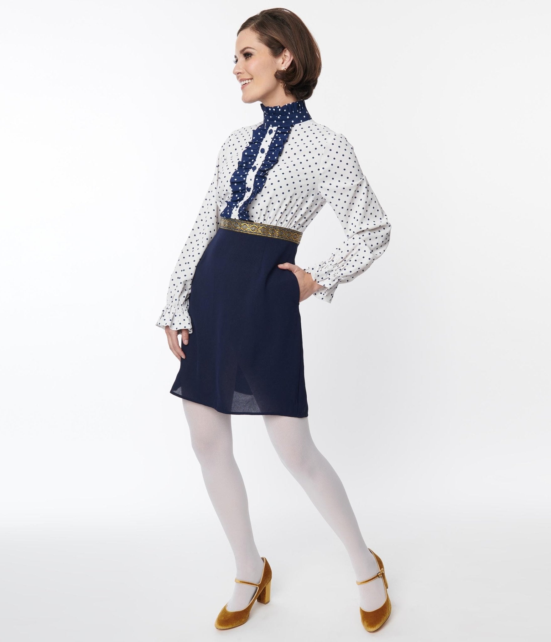 Smak Parlour White & Navy Ruffle Neck Empire A-Line Dress for Women | Elegant Summer Cocktail Party & Wedding Guest Outfit