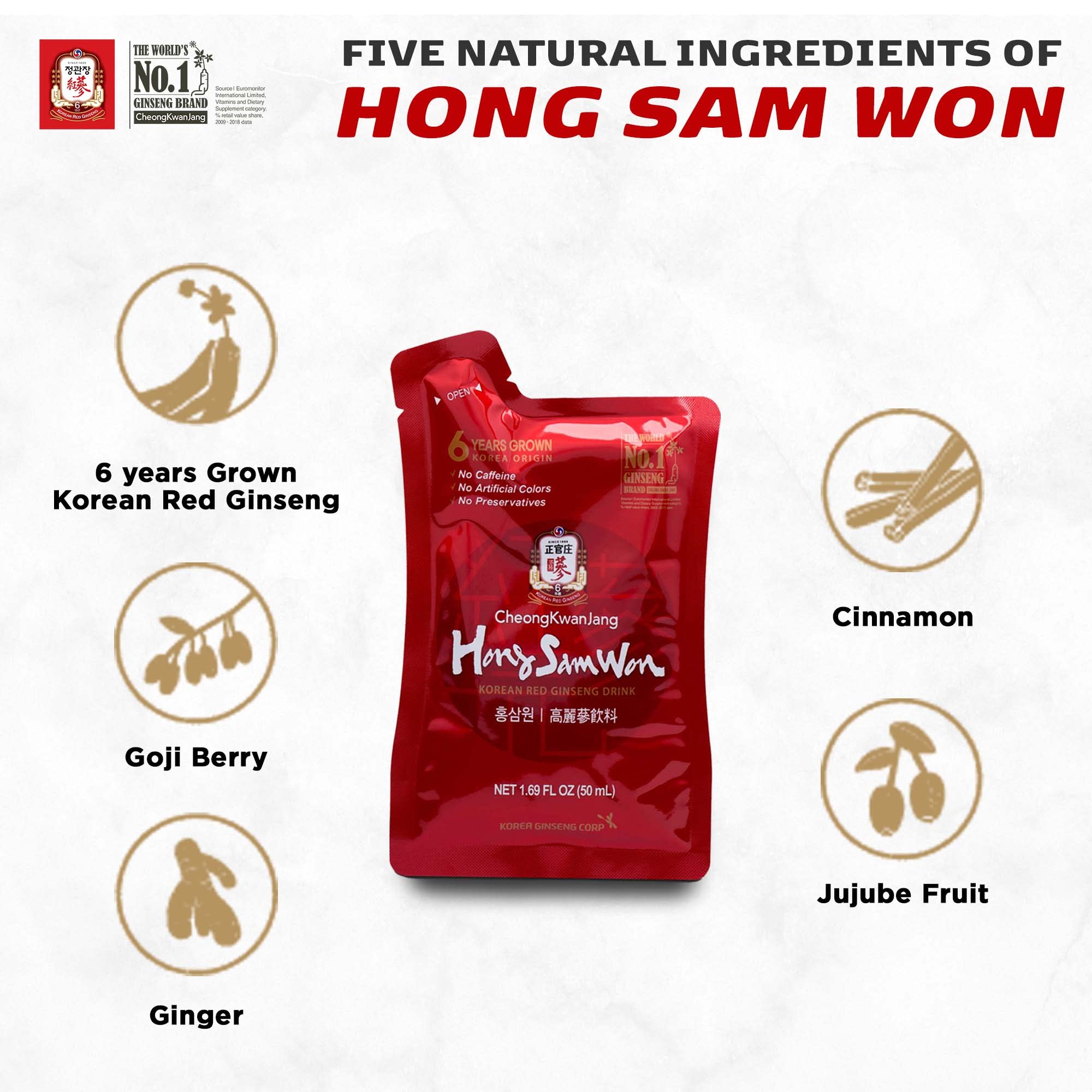CheongKwanJang Korean Red Ginseng Energy Drink with Ginger, Goji Berry & Cinnamon | Herbal Tea for Pre-Workout Boost, Productivity & Circulation | 60 Pouches | Great for Office, Gym & Study Sessions