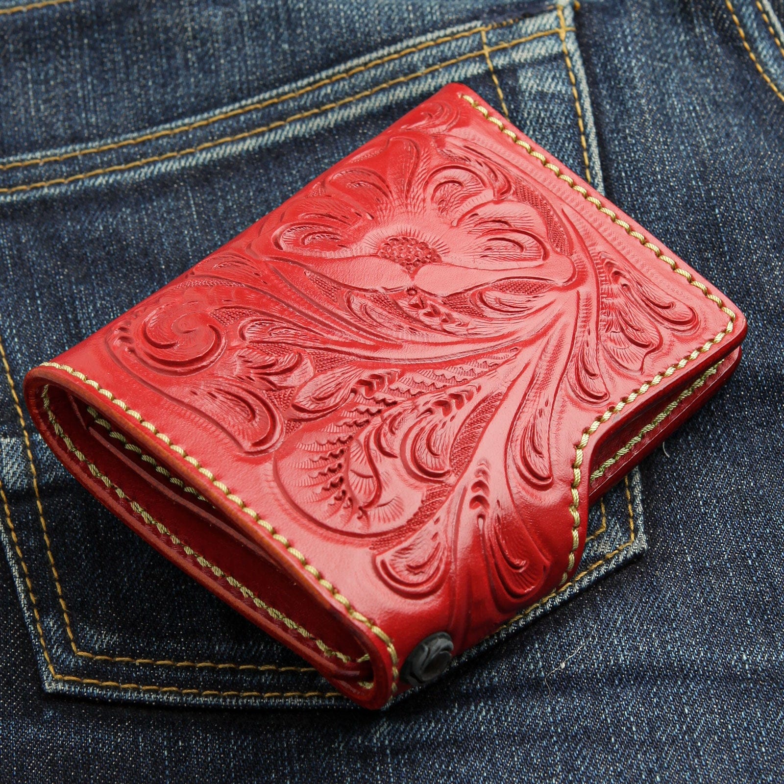 Genuine Red Cowhide Leather Biker Wallet with Chain - Stylish & Durable for Motorcycle Riders, Bikers & Outdoor Enthusiasts