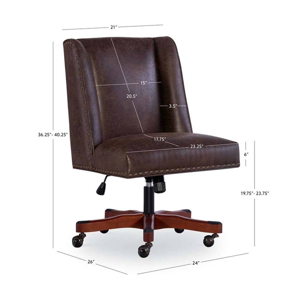 Linon Draper Brown Faux Leather Upholstered Office Chair with Wheels - Ergonomic Desk Chair for Home Office, Gaming & Study - Comfortable Rolling Computer Chair for Workstation, Dorm Room or Office Space