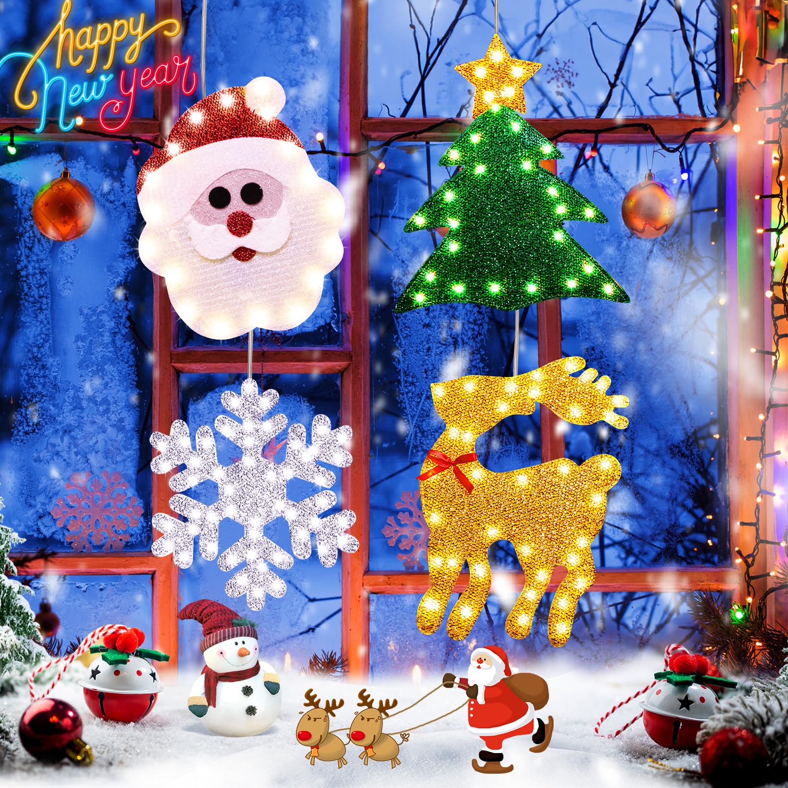 4 Pack Christmas Window Silhouette Lights - Battery Operated LED String Lights with Suction Cups for Indoor/Outdoor Holiday Decor - Perfect for Home, Office, Party & Christmas Tree Decoration