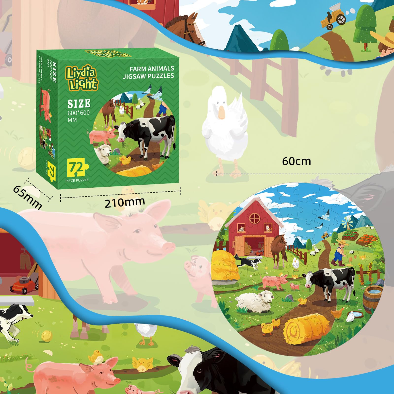 72-Piece Farm Animals Round Jigsaw Puzzle for Kids Ages 3-8 | Large Floor Educational Toy for Toddlers & Preschool Learning | Perfect Birthday Gift for Boys & Girls | Fun Playtime Activity for Home, Classroom or Party